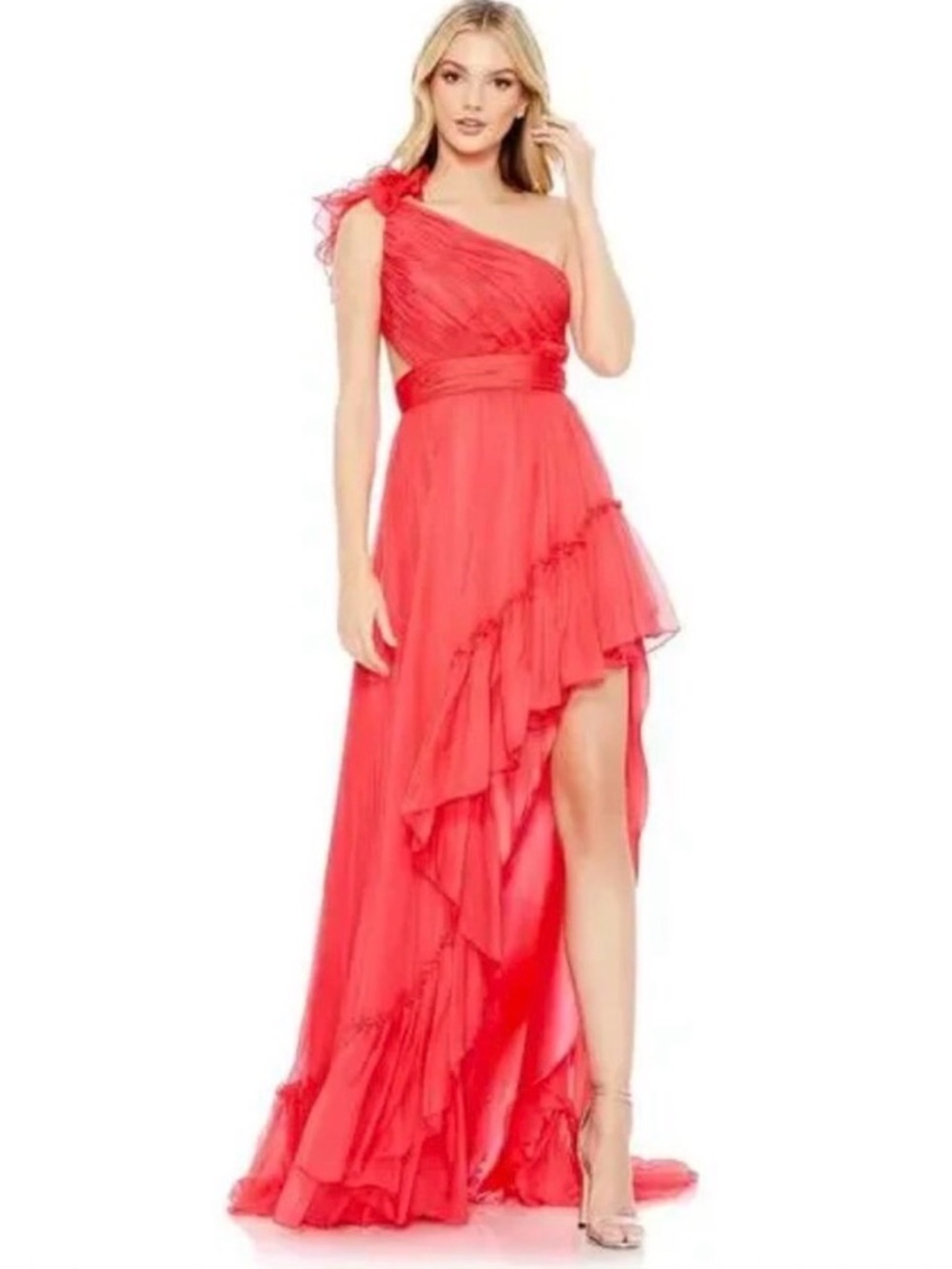 Mac Duggal Ruffled One Shoulder Asymmetrical Gown Women 12 67989 Cherry Red Pink